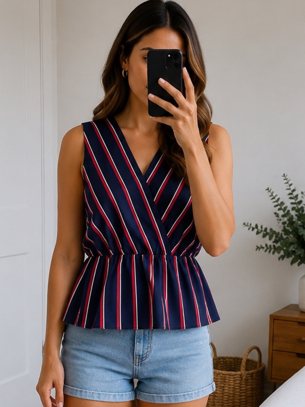 Banana Republic Navy Stripe Peplum Sleeveless Blouse XS Petite